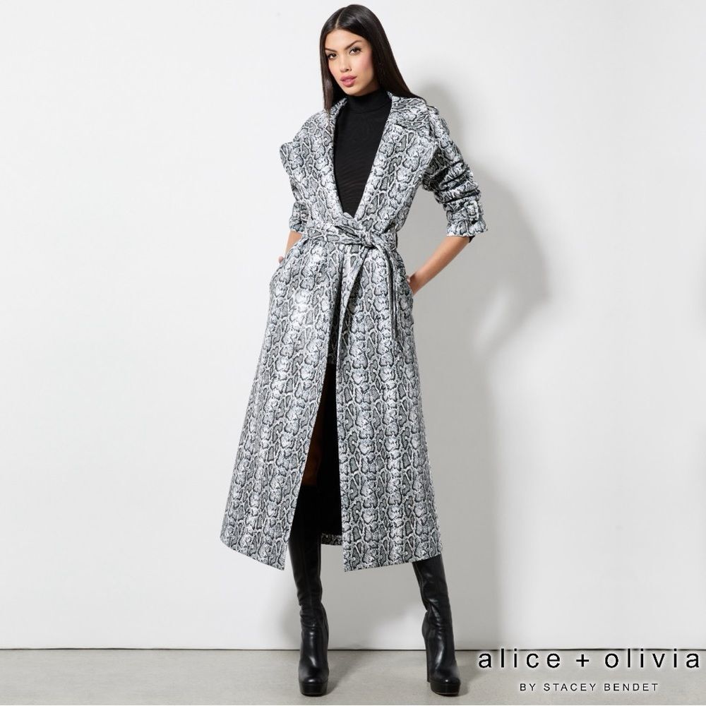 Alice + Olivia **NWT** Jarrett Vegan Leather Trench In Off White/Black Python